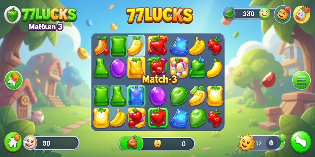 Tangkapan layar gameplay <strong>77LUCKS</strong> menunjukkan keseruan mencocokkan item Match-3.