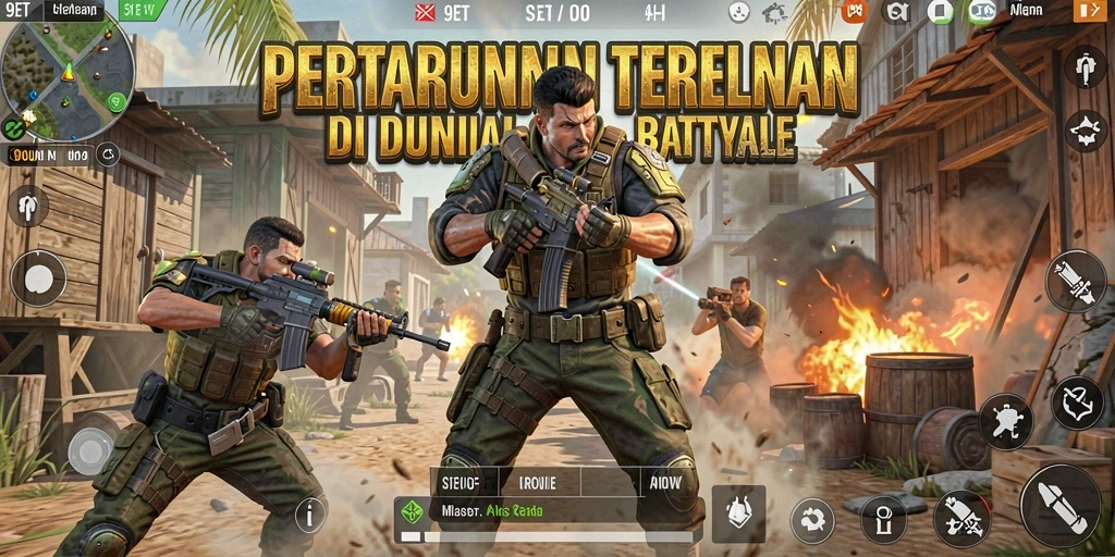 Screenshot gameplay 9ET menampilkan pertempuran intens di arena Battle Royale.
