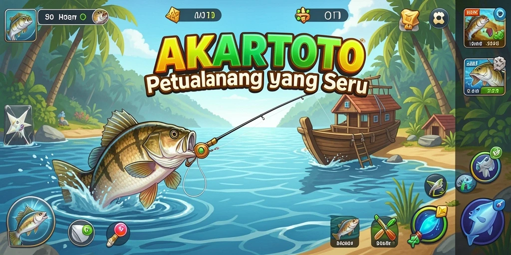Screenshot gameplay AKARTOTO menampilkan petualangan memancing yang mendebarkan.