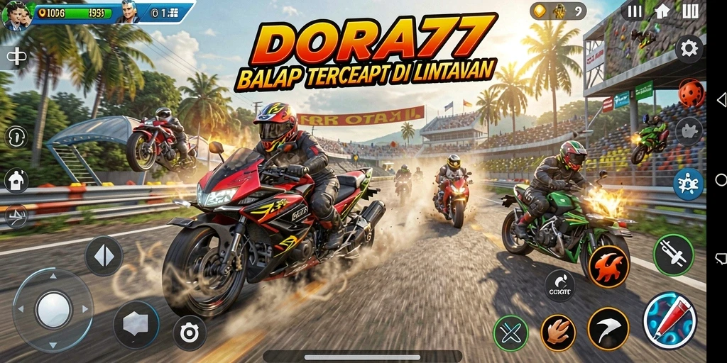 Tangkapan layar gameplay DORA77 menampilkan aksi balapan yang mendebarkan.