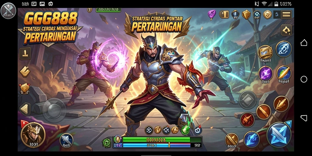 Screenshot GGG888 menampilkan aksi pertempuran strategi yang intens.