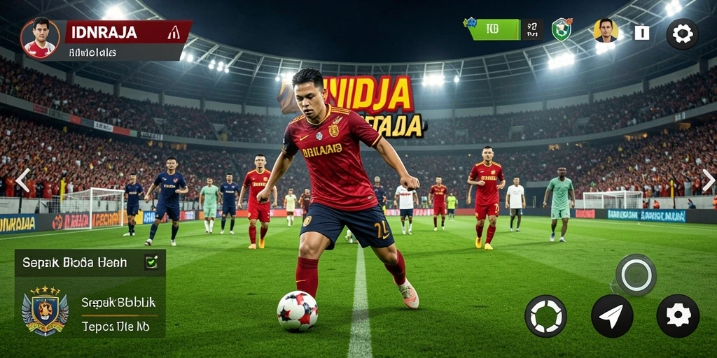 Tampilan gameplay yang menegangkan dalam IDNRAJA dengan aksi sepak bola yang seru.