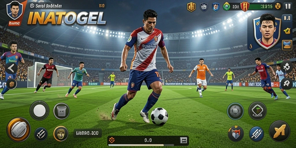 Tampilan gameplay INATOGEL yang menampilkan aksi sepak bola yang intens.