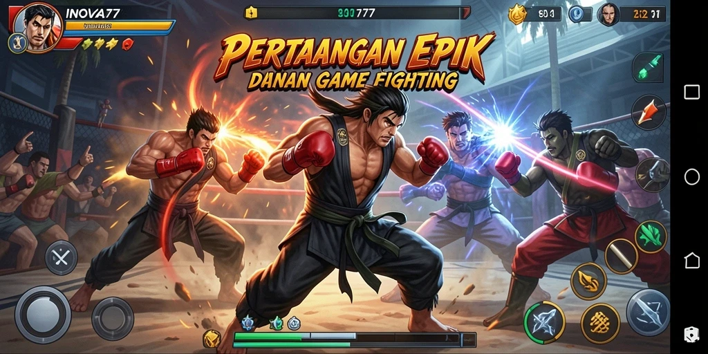 Screenshot gameplay <strong>INOVA77</strong> menunjukkan pertarungan seru dan karakter yang beragam.
