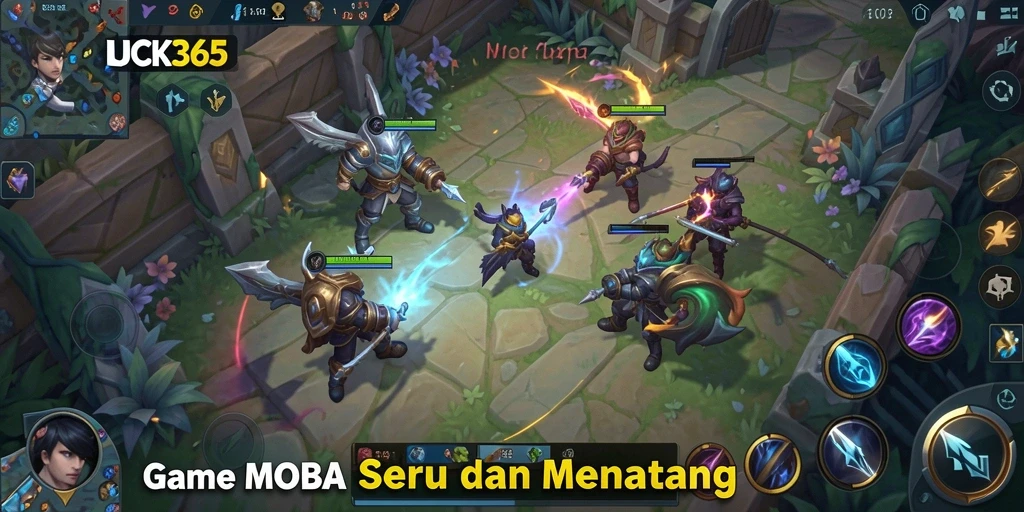 Tangkapan layar gameplay LUCK365 yang intens dalam pertarungan MOBA.