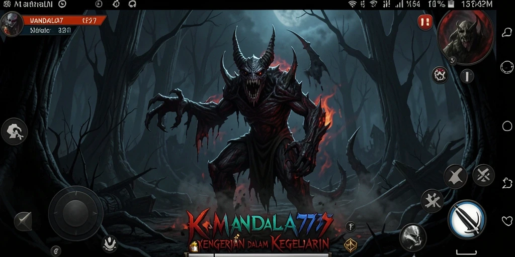 Tampilan gameplay menakutkan di dunia <strong>MANDALA77</strong> yang gelap.