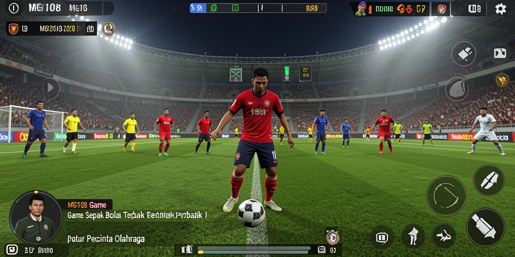Screenshot gameplay MG108 menunjukkan aksi seru di lapangan sepak bola.