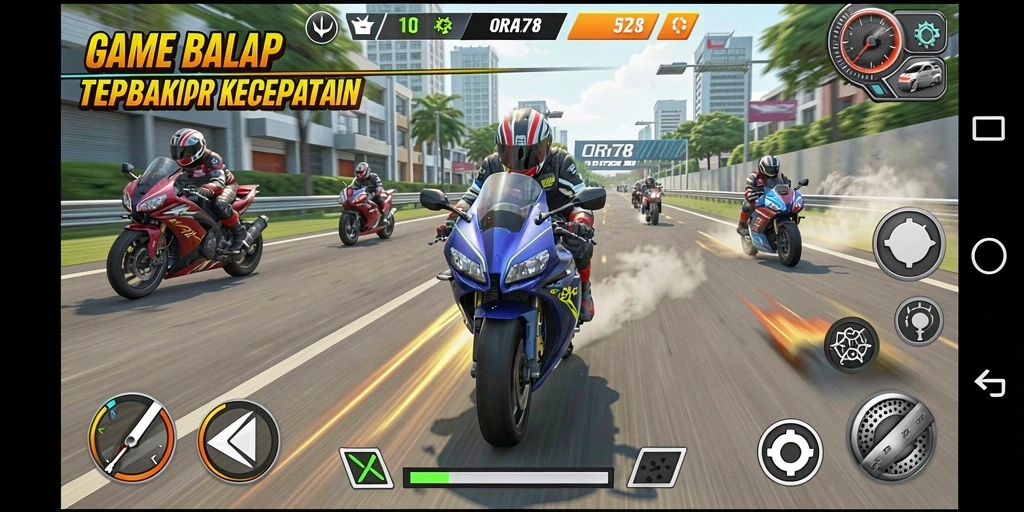 Tampilan gameplay ORA78 yang menegangkan dan penuh aksi balap motor.