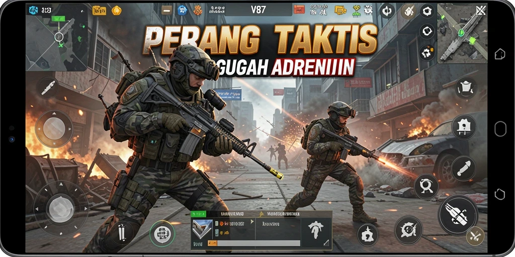 Screenshot V87 menampilkan aksi pertempuran seru dalam dunia FPS.